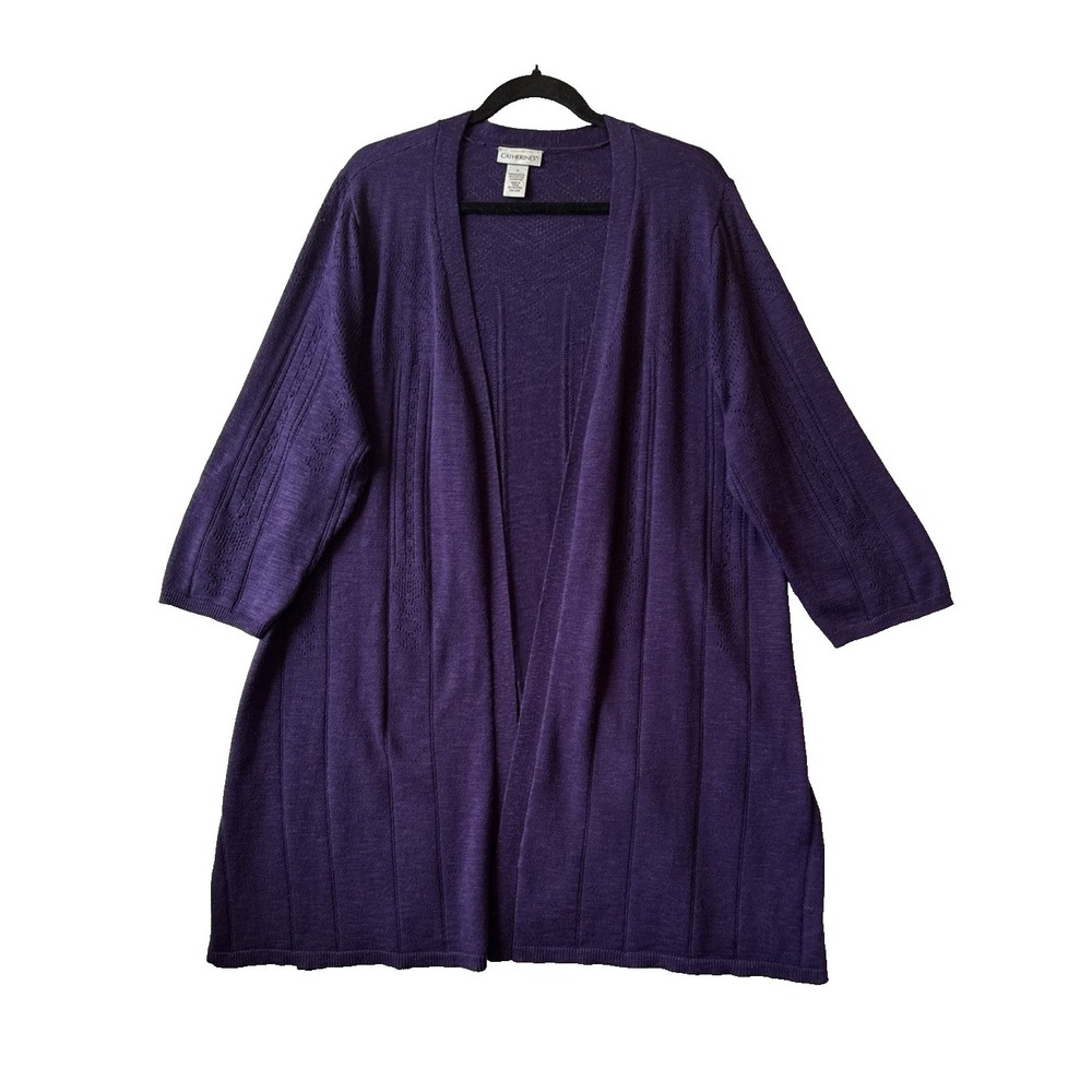 Catherines Cardigan Sweater Plus 1X Purple Open Front Pointelle Knit 3/4 Sleeve